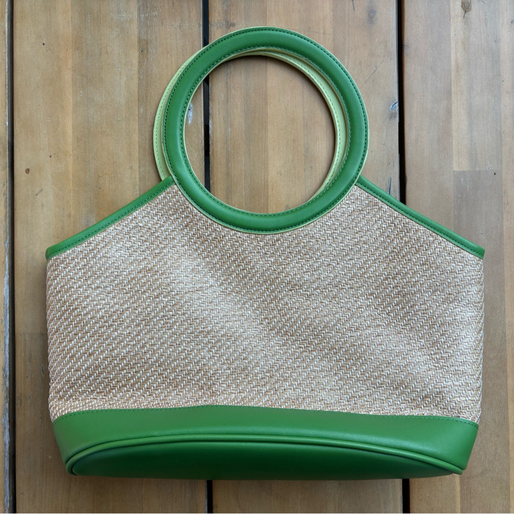 Ann Taylor Loft Bright Green and Woven Tan Purse with Floral Lining and Pockets